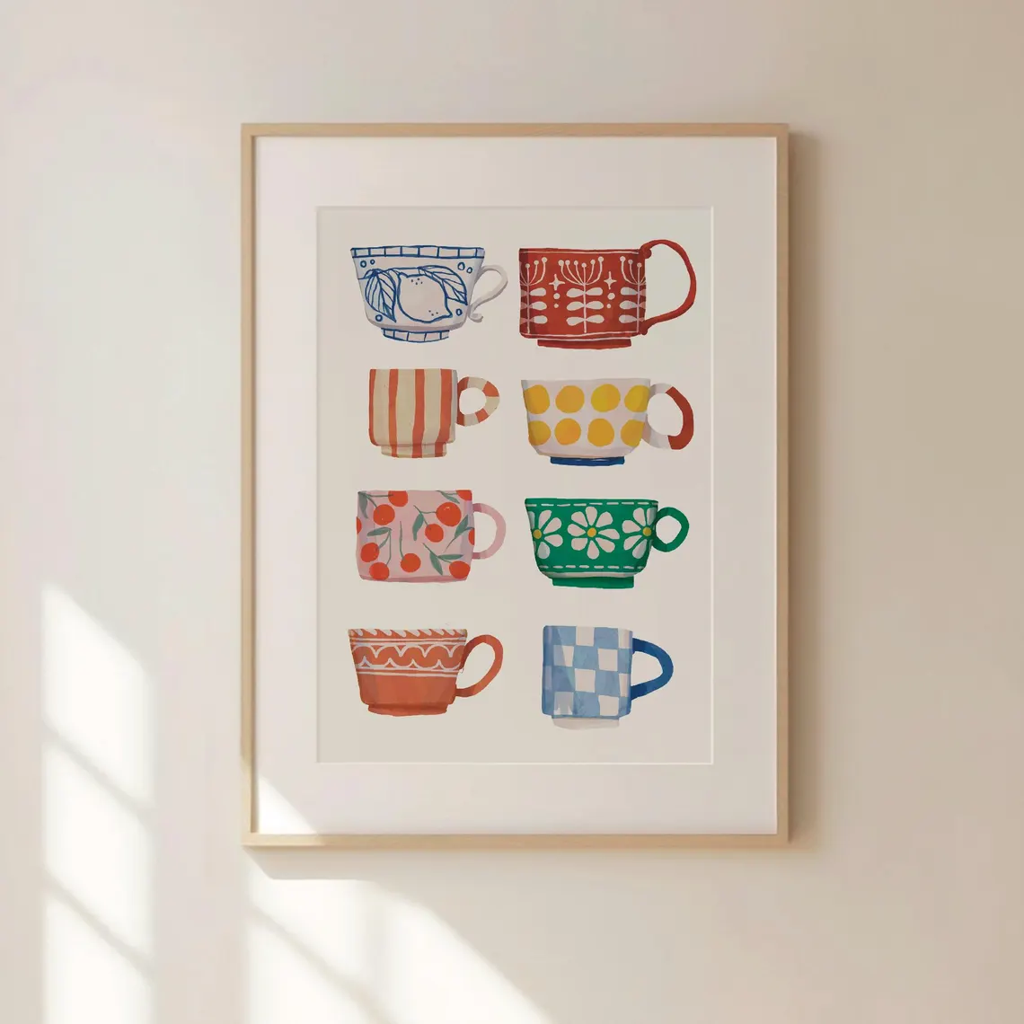 Coffee Tea Cup - ภาพพิมพ์ลายถ้วยชา, โปสเตอร์อาหารเช้า, ศิลปะภาพพิมพ์ลายกาแฟ, ศิลปะตกแต่งผนังครัวทำมือ, ภาพพิมพ์ดิจิทัล, ของตกแต่งร้านกาแฟสุดอินเทรนด์,