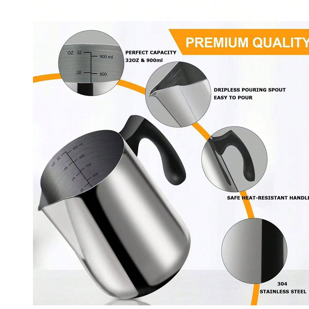 Barista Milk Jug - เหยือกสเตนเลส 304 สำหรับทำกาแฟลาเต้อาร์ต พร้อมสเกลวัดปริมาณ, เหยือกตีฟองนมเชิงพาณิชย์ ปากแหลม
