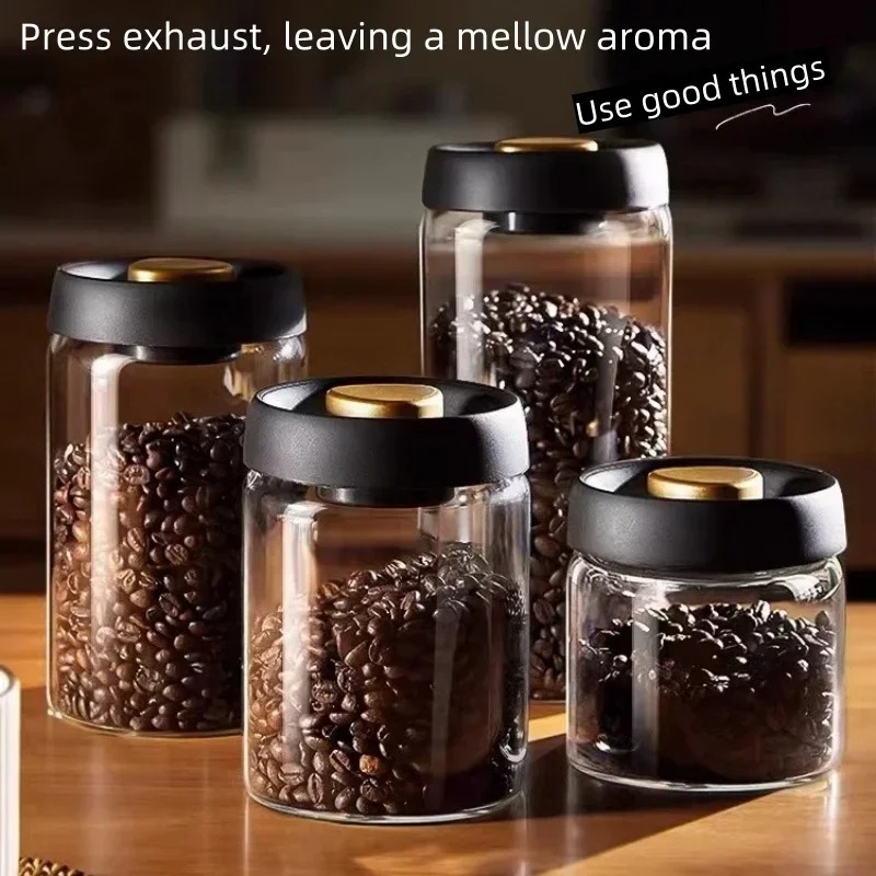 Coffee Tea Pictures - โถเก็บกาแฟสุญญากาศแบบแมนนวล ทำจากแก้วบอโรซิลิเกตคุณภาพสูง ป้องกันความชื้น สำหรับเก็บชาและกาแฟในครัว