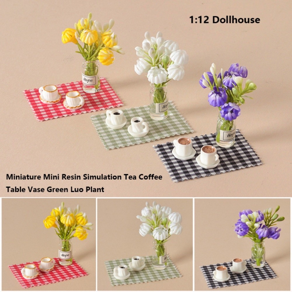 Coffee Tea For Plants - 1:12 1:12 ของตกแต่งบ้านตุ๊กตา ดอกไม้เรซิ่นขนาดเล็ก แจกันจำลอง โต๊ะน้ำชา