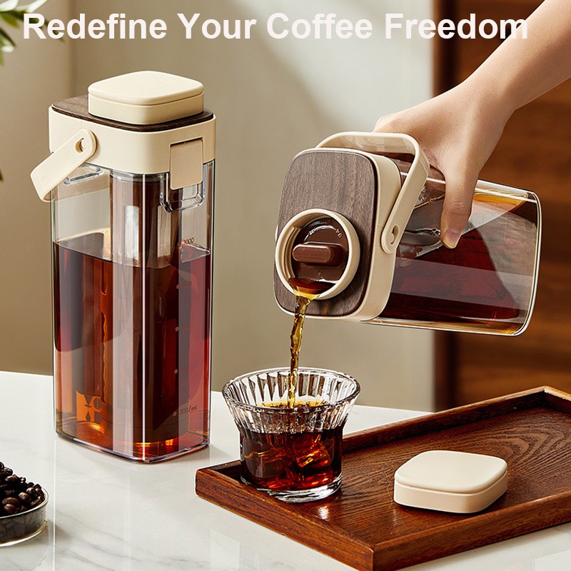 Coffee Tea Maker - เหยือกชงกาแฟสกัดเย็นแบบปิดผนึกป้องกันการรั่ว สำหรับชงกาแฟเย็นแบบพกพา พร้อมที่กรองชา สำหรับเก็บในตู้เย็นแบบตั้งตรงหรือวางราบ