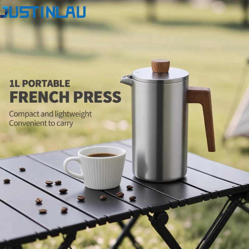 Coffee Tea Maker - หม้อเฟรนช์เพรสสแตนเลส JUSTINLAU ขนาด 1000 มล. พร้อมด้ามจับไม้และมาตรวัด