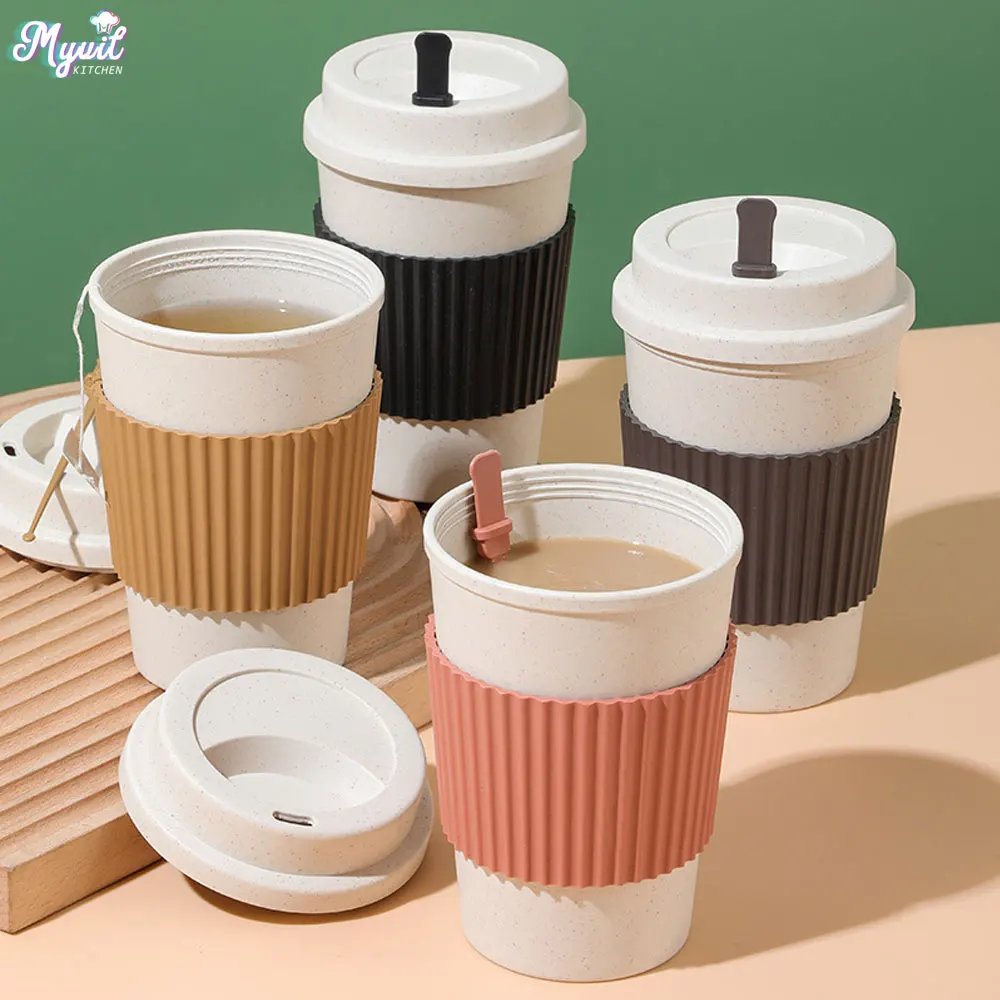 Coffee Tea Pictures - 450ML ถ้วยกาแฟพร้อมฝาปิดฟางข้าวสาลีแบบพกพาถ้วยกาแฟเครื่องล้างจานปลอดภัยแก้วกาแฟชากาแฟถ้วยท่องเที่ยว